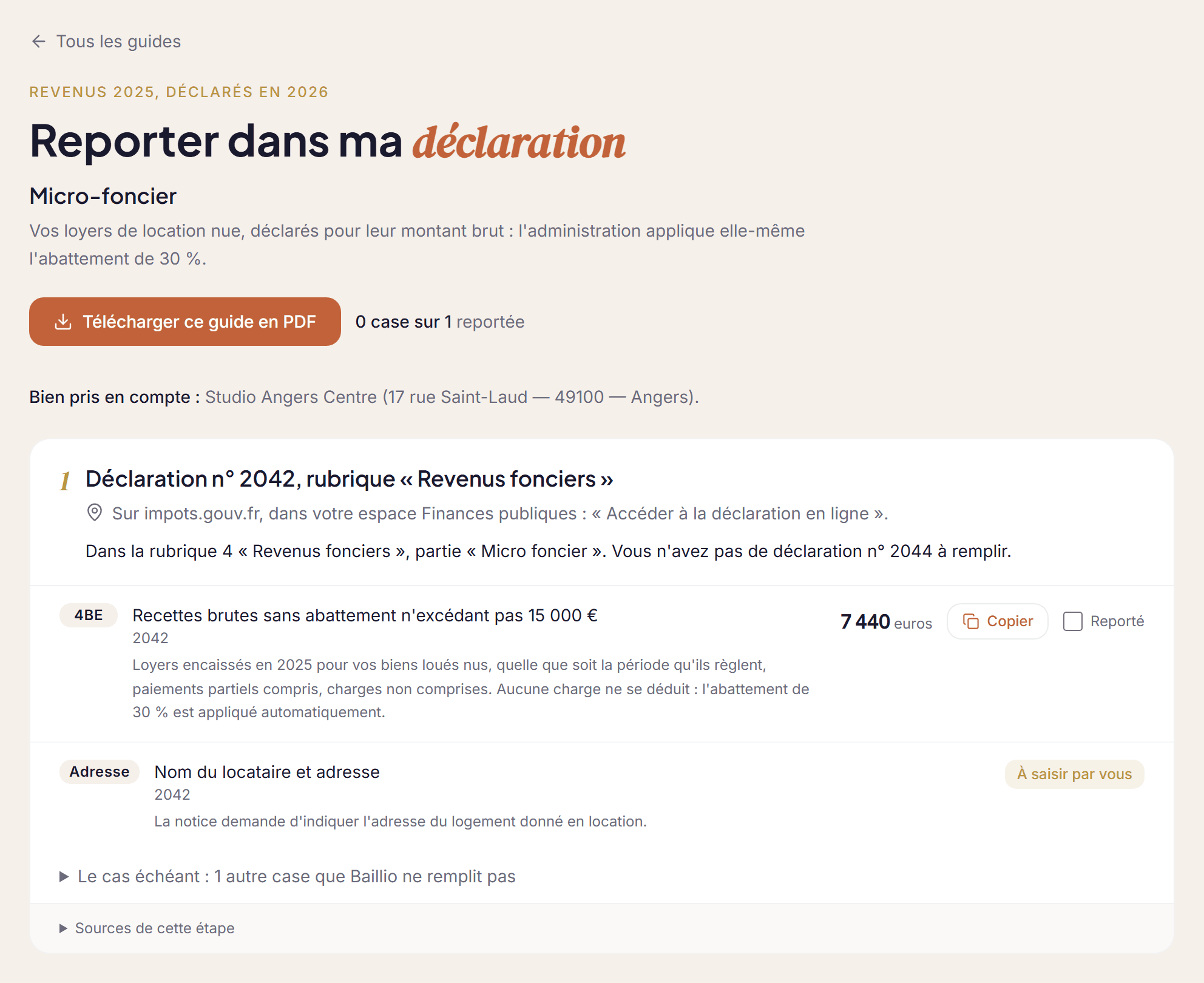 Guide de saisie de la déclaration des revenus 2025 au micro-foncier : la case 4BE de la déclaration n° 2042 et le montant de 7 440 euros à y reporter, avec un bouton pour le copier.