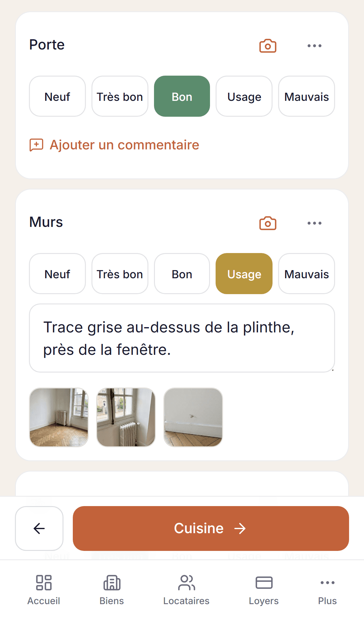 État des lieux d'entrée sur téléphone : la porte en bon état, les murs en état d'usage avec un commentaire et trois photos.
