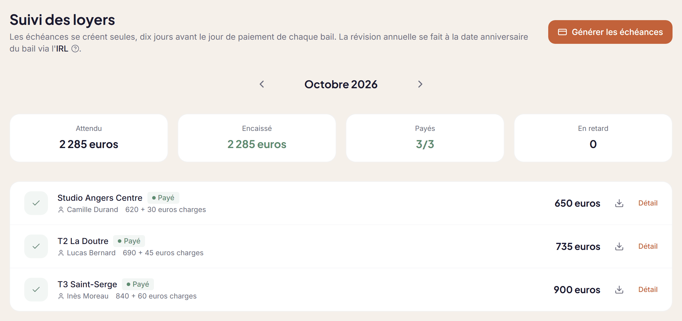 Écran de suivi des loyers d'octobre 2026 : trois loyers encaissés, avec le total attendu et le total encaissé.